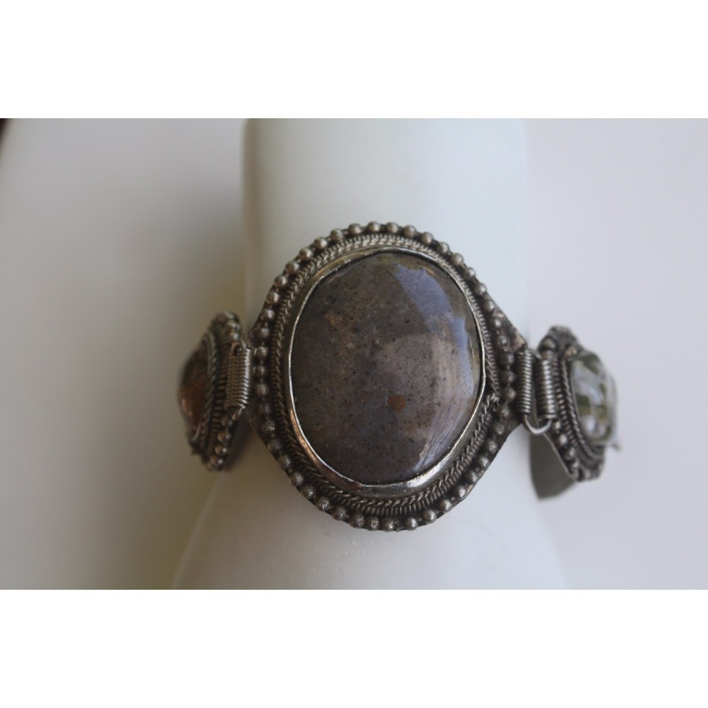 Chunky    JASPER    Silver   Gemstone  Bracelet  -  Vintage Ethnic Boho